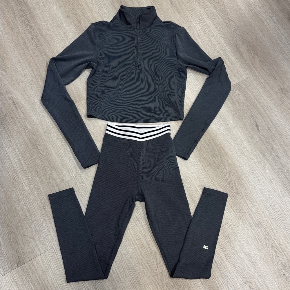 Splits 59 Black and gray Striped Zip-Up Top & Legging SET